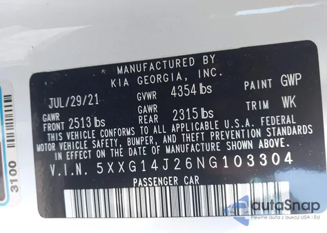 2022 Kia K5 Lxs из США, поврежденный, VIN 5XXG14J26NG103304